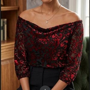 Chico's Black Off-Shoulder Blouse with Red Floral Velvet Burnout